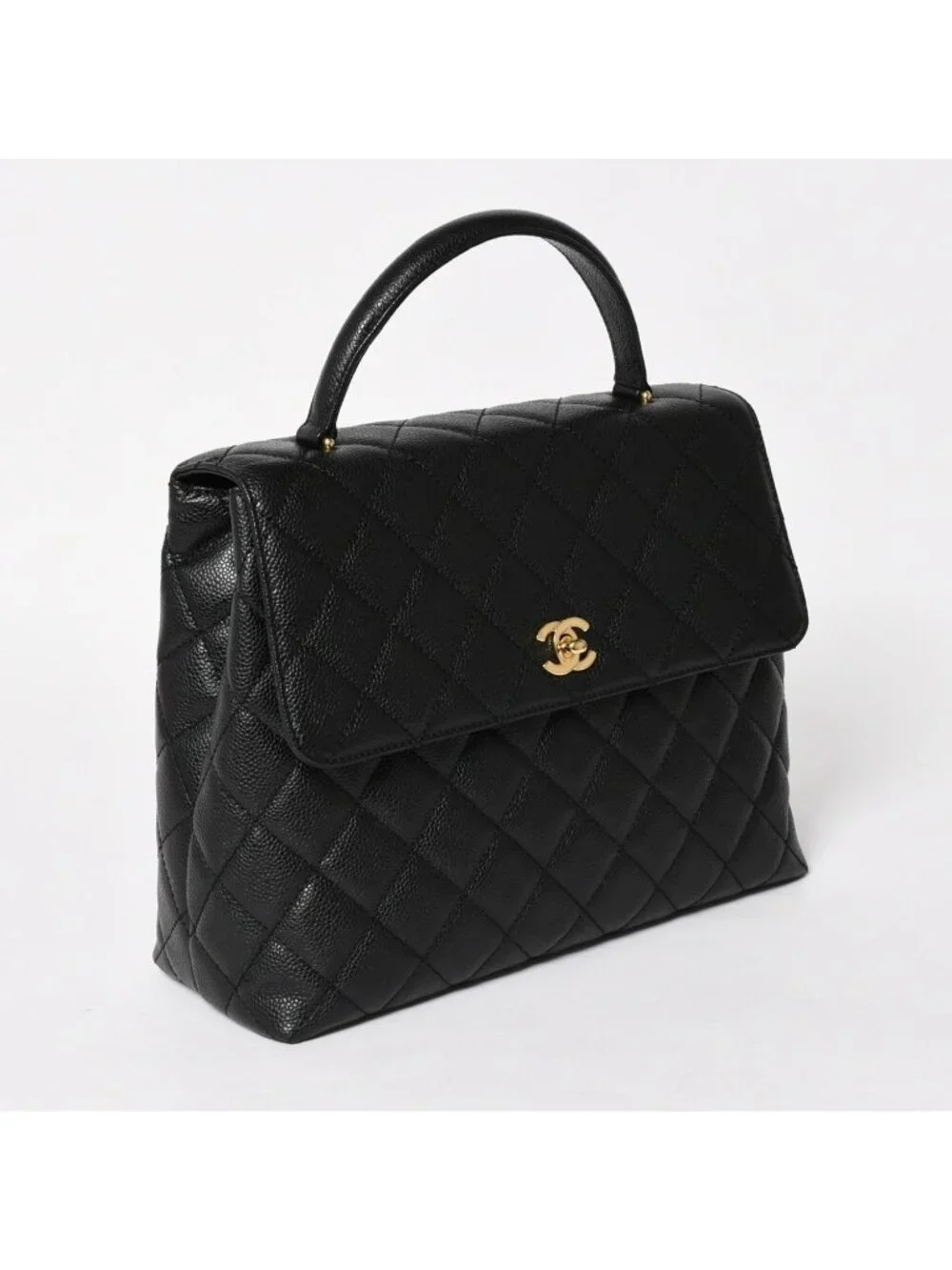 Chanel Quilted CC Logo CC Handbag Top Handle Turnlock Caviar Leather Black Gold
